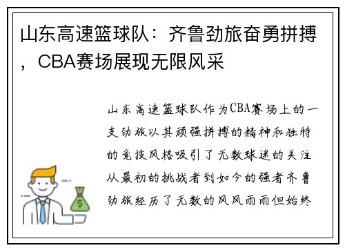 山东高速篮球队：齐鲁劲旅奋勇拼搏，CBA赛场展现无限风采